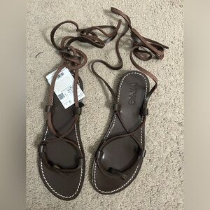 NWT Mango Dark Brown Genuine Leather Lace up Sandals in Size 37